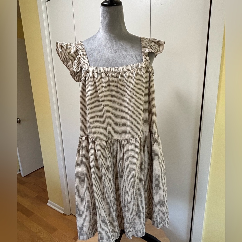 Smocked Square-Neck Ruffle Sleeve Midi Dress - Beige Stripe Madewell 1X